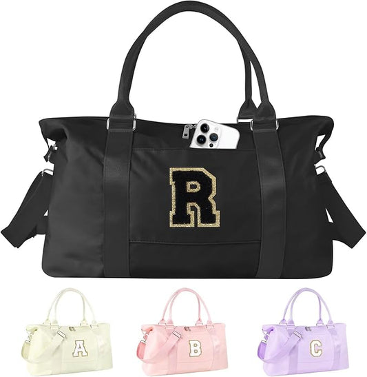 Dance Gym Duffel Bag for Teen Girls, Personalized Initial Travel Weekender Bag,Cute Overnight Carry On Duffle for Women,Sports Travel Cheer Bag,Monogram Christmas Gifts for Tween Preppy(black-R)