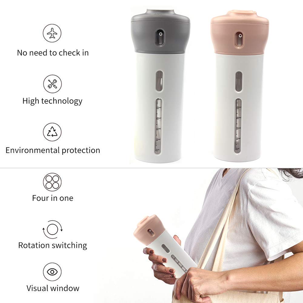 2 Pack 4 in 1 Travel Dispenser, CHIVENIDO Lotion Shampoo Gel Travel Dispenser Bottle Sets Shower Bottles Refillable Travel Bottles for Makeup Travel Supplies (Pink, Gray)