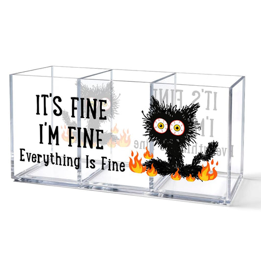 UAKXOIF It's Fine 3 Compartment Acrylic Makeup Organizer & Pen Holder, Black Cat Cosmetic Storage Box for Lipstick Brushes Skincare, Desk Organizer for Office School Vanity, Office Gifts for Coworker