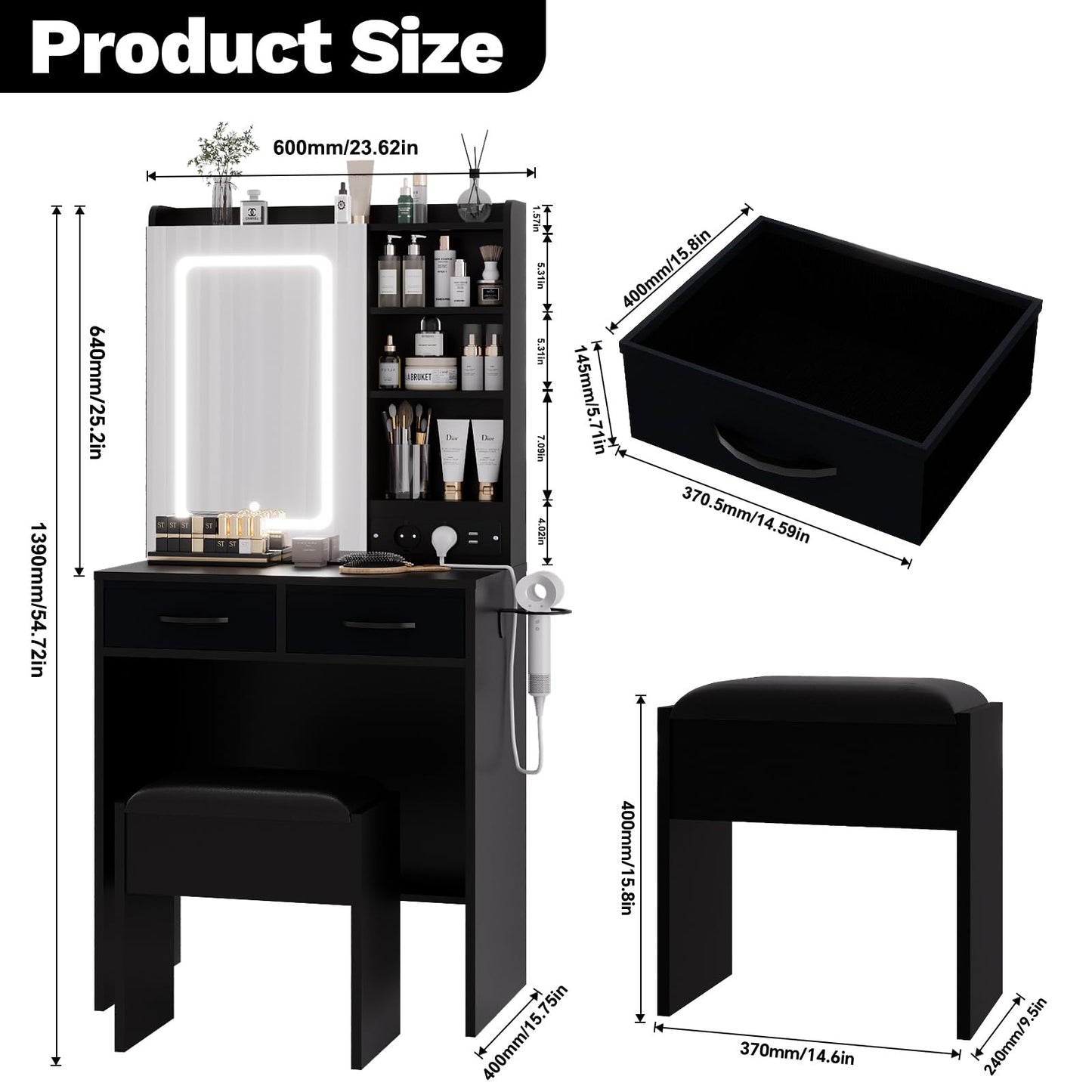 Black Makeup Vanity Desk with Mirror and Lights, Vanity Table Set with Charging Station, Dressing Table with Stool, 2 Drawers, Open Shelves, Power Outlets & USB Ports, Vanity Desk with RGB Cabinets