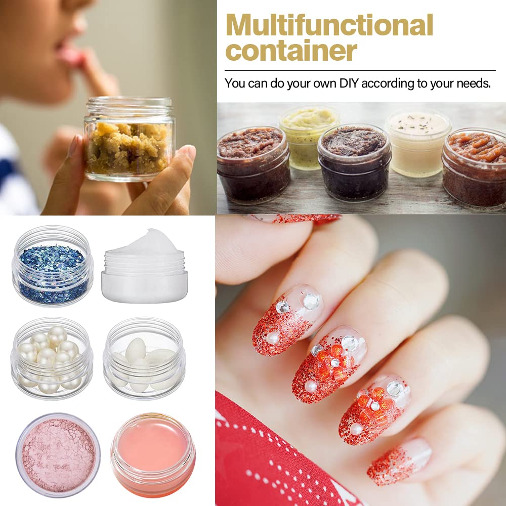 1 oz Plastic Containers with Lids 60pcs Plastic Jars with Lids + 3/5/10 Gram 12pcs Sample Containers Travel Jar– Great for Lip Scrub, Body Butters, Cream, Lotion, Labels & Spatulas (72 Pack)