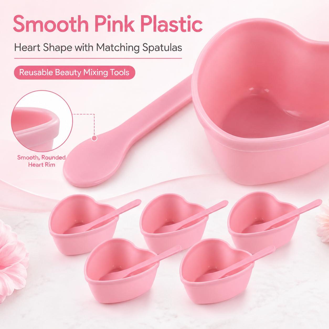PLINNILUY Heart Shaped Face Mask Mixing Bowls, Pink Facial Bowls, Plastic Mask Bowl Set with 5 Bowl and 5 Spatulas for DIY Skincare, Mud Masks, Home Facial and Beauty Salon Use
