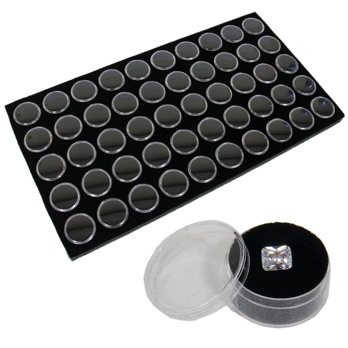 RJ Displays- 50 Black Foam Gem Jars with Tray, Gemstone Display Case with Lids for Gems, Coins, Gem Storage Organizer, Gem Holder, Charm Box, Gem Display Case, Gemstone Storage, 14.5" x 7.8" x 0.75"