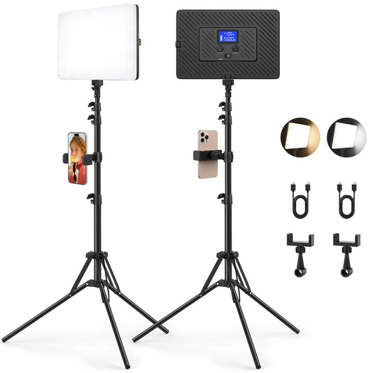 2 Pack Led Video Light Kit with Stand, Kmasic Photography Light Panel Built-in 8000mAh & LCD Display, 2200Lux 2500K-8500K Soft Studio Light for Video Recording Game Live Streaming YouTube TikTok