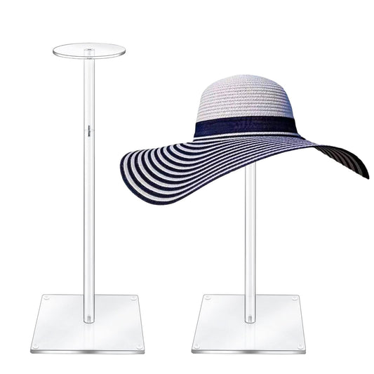 RSSCIIIUL Acrylic Hat Stand and Wig Display Rack, 2pcs 17" Clear Hat Stands for Display, Adjustable Height Hat Holder, Square Barbell Base Display, Hat Rack Stand for Display Jewelry Watch Helmets