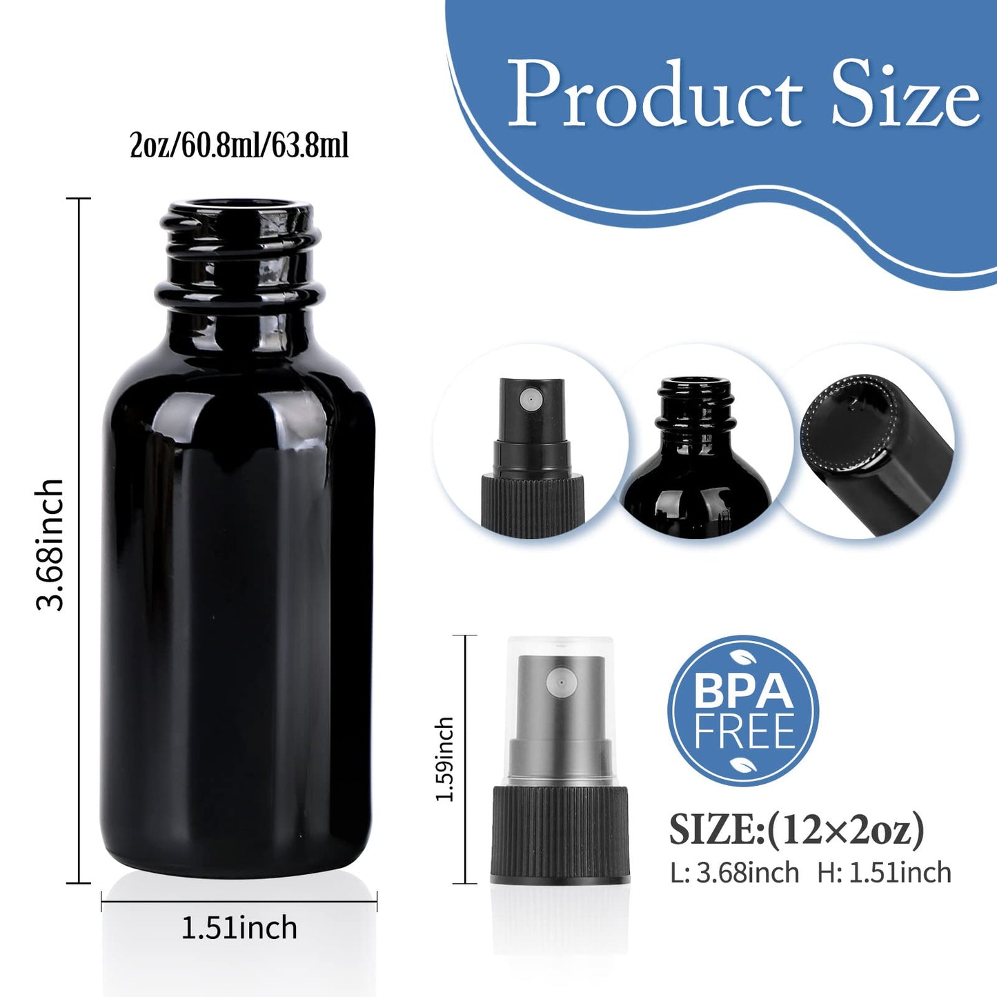 YONKAN 2oz Glass Spray Bottle, Fine Mist Boston Glass Bottles with Black Fine Mist Sprayer Small Clear Bottles for Essential Oils, Bath, Beauty, Hair & Cleaning, UV Black, Pack of 12