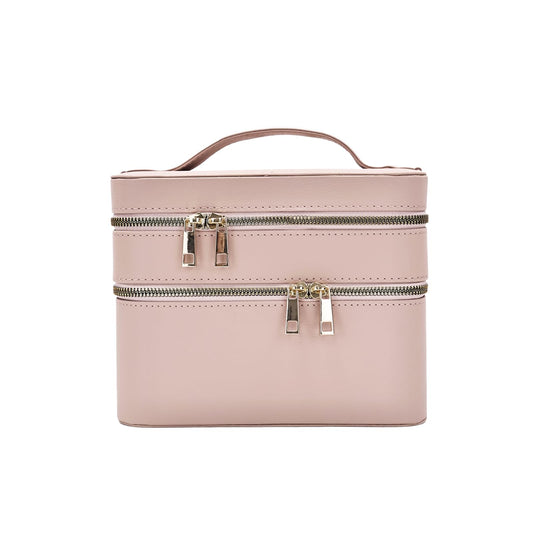 RCFJ b y K L A N D Hard Makeup Case, Double Layer Travel Cosmetic Case with Mirror - Waterproof PU Leather Toiletry Bag for Women