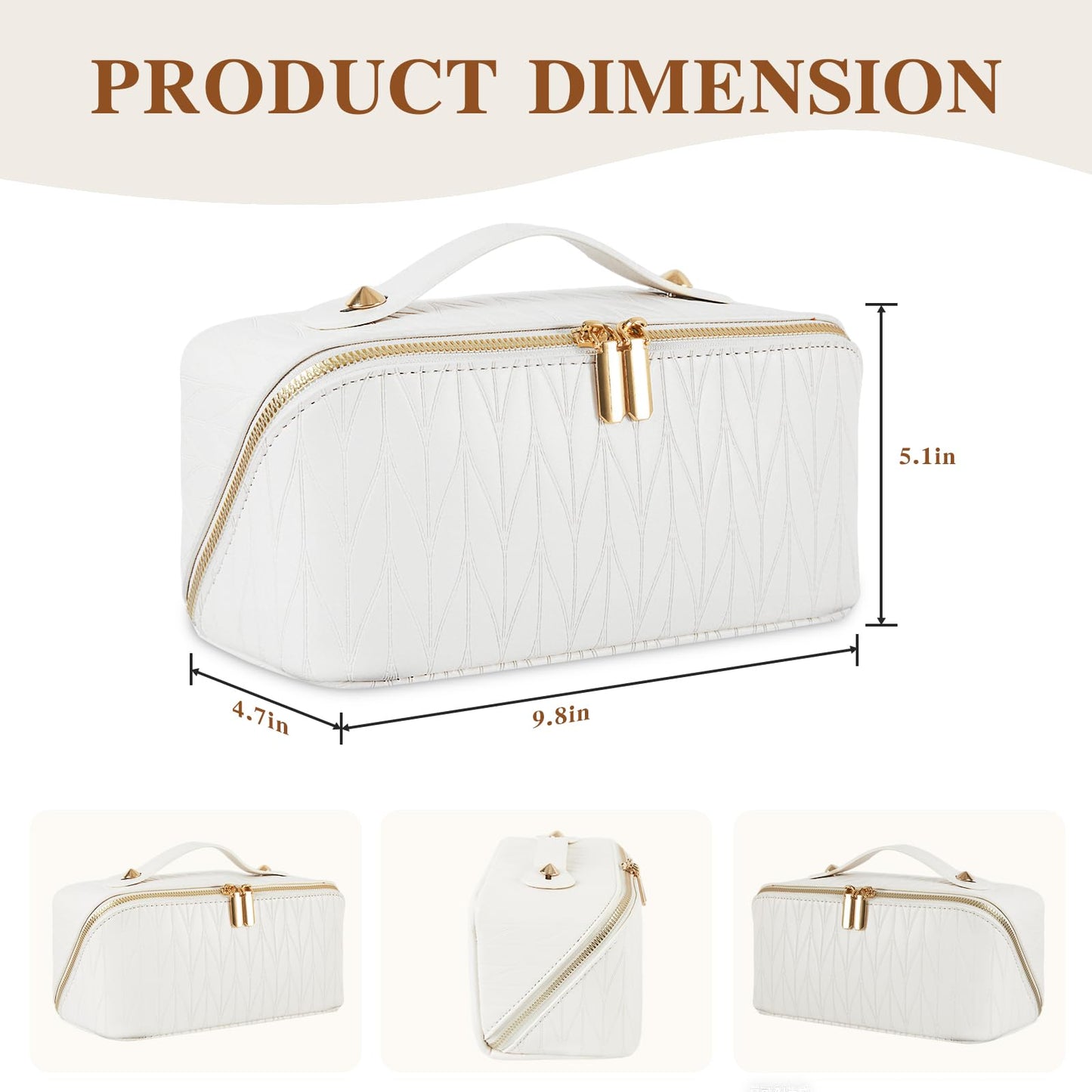 IDELCHOIS Travel Makeup Bag Large Capacity Cosmetic Bags for Women, Waterproof Toiletry Bag Open Flat Makeup Bag with Compartments and Handle, Portable Cosmetic Organizer Pouch, Wheat-White