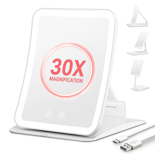 Auxmir Travel Makeup Mirror with 30X Magnification & 3 Dimmable Color Light, Foldable Rechargeable 2000mAh Lighted Travel Mirror, Portable Compact Mirror with Light, Adjustable Height & Angle, White