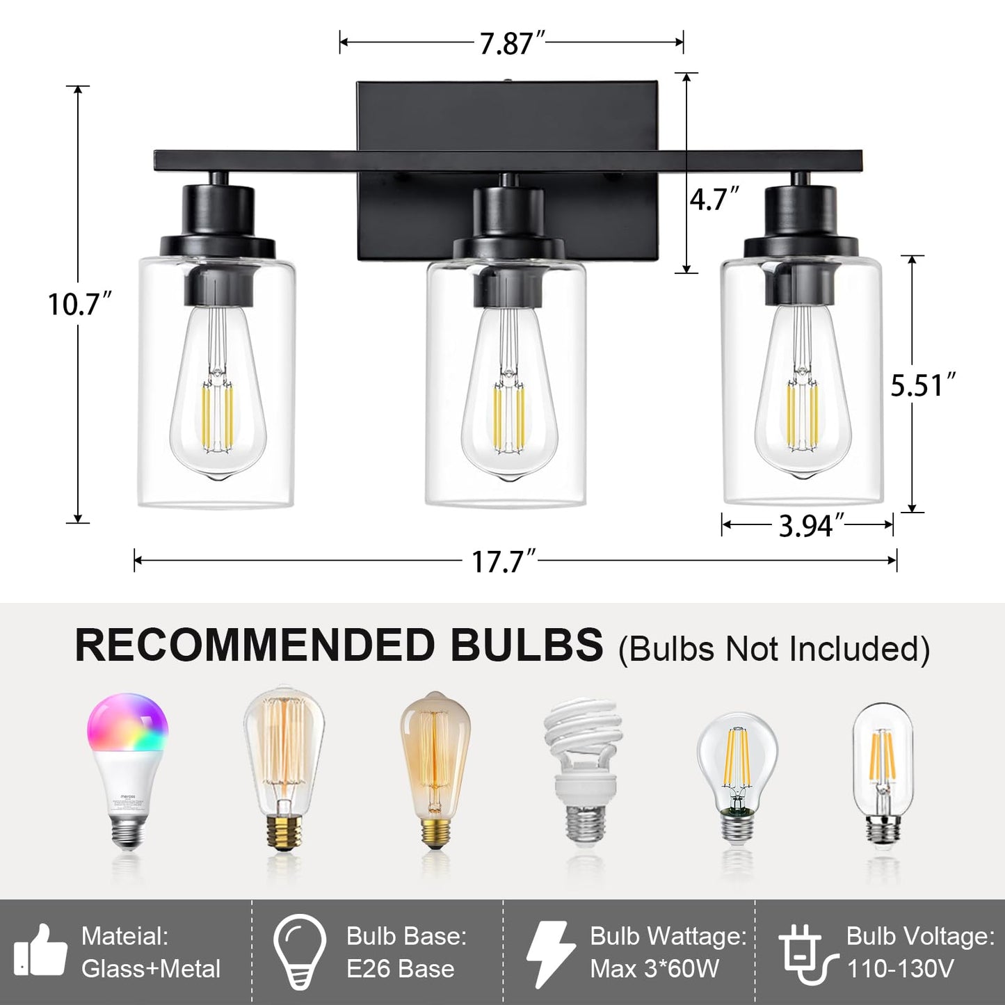 HCCZ 3 Light Bathroom Light Fixtures Black Vanity Light Over Mirror Modern Farmhouse Wall Lighting Sconces Rustic Industrial Wall Lamp for Bathroom, Bedroom, Living Room E26 Socket with Glass Shade