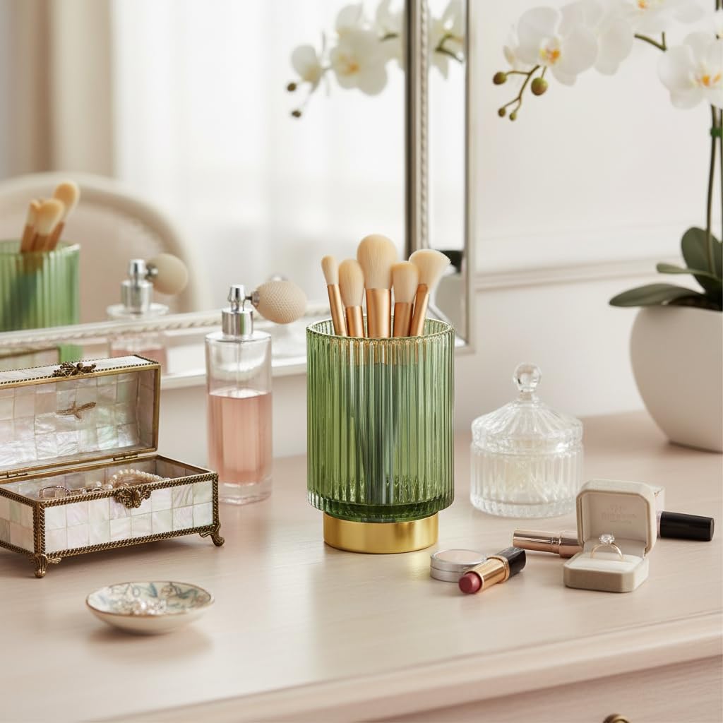 Fvstar Glass Makeup Brush Holder, Green Makeup Brush Holder for Vanity, Toothbrush Holders for Bathrooms, Desktop Makeup Organizer for Cosmetic, Brushes, Pen, Pencil