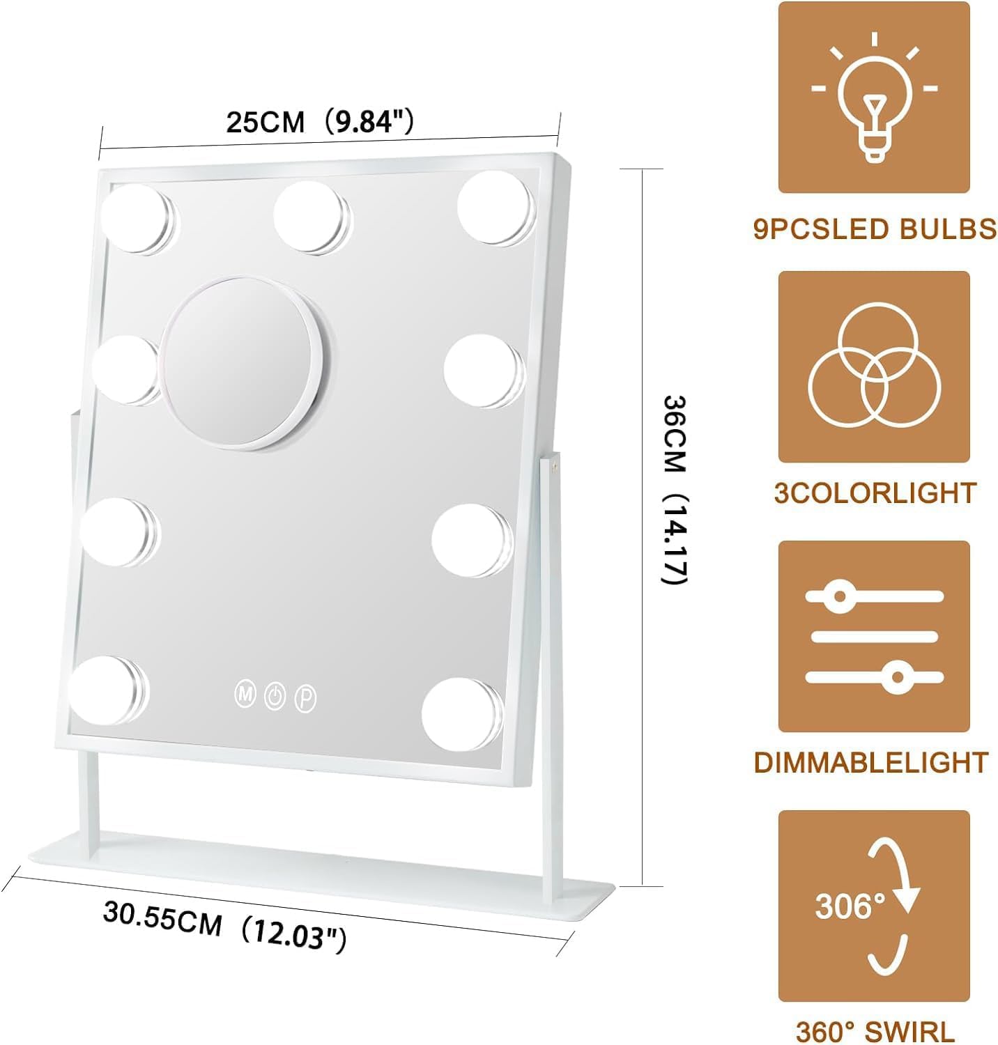 FENCHILIN Vanity Mirror with Light Lighted Makeup Mirror Vanity Smart Touch Control 3Colors Dimmable Detachable 10X Magnification Tabletop 360°Rotation(White)