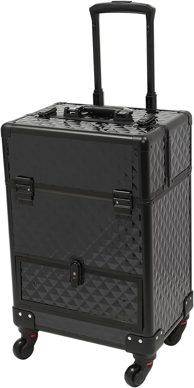 Rolling Makeup Train Case,Multi-functional Cosmetic Trolley with 360° Swivel Wheels Keys,Salon Barber Case Traveling Cart for Nail Technicians Hairstylist (Black)