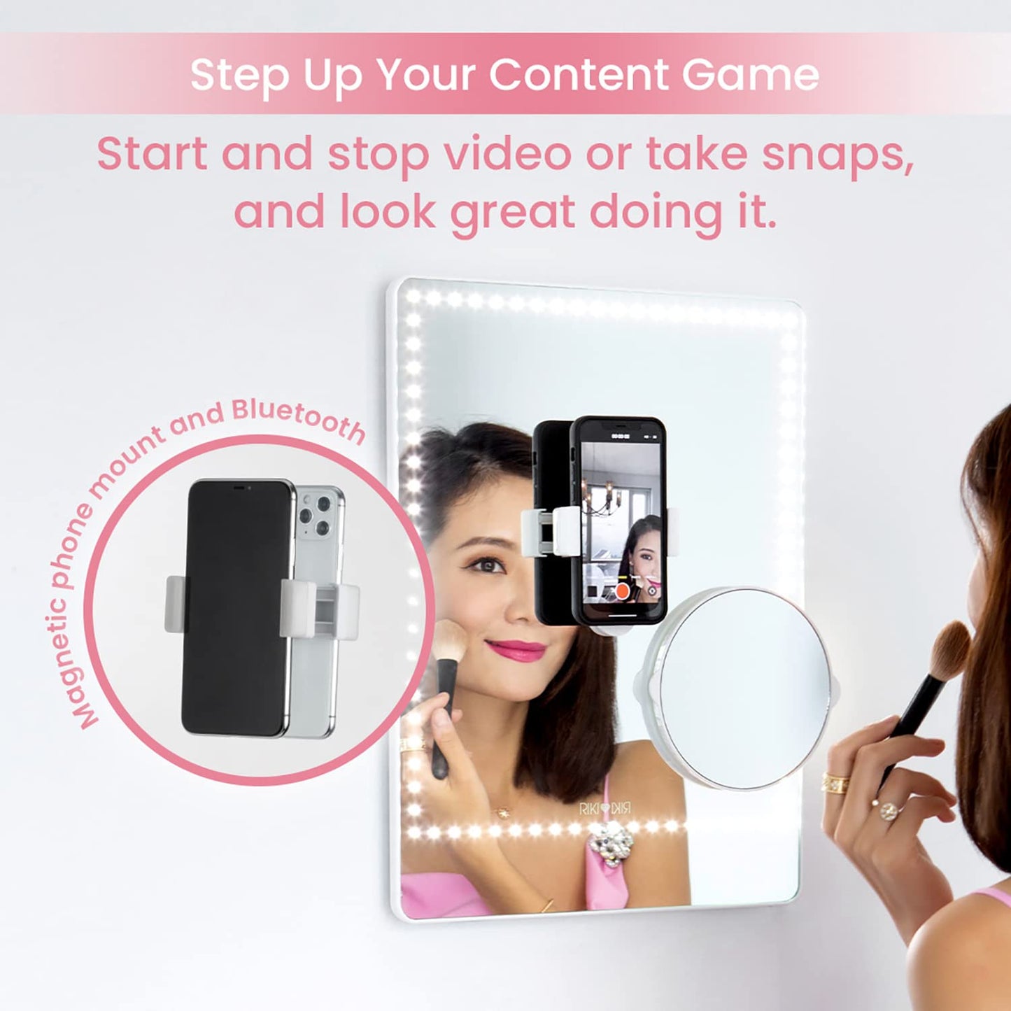 RIKI LOVES RIKI Pretty LED Makeup Mirror with Lights - Medium-Sized Lighted Makeup Mirror with 5X Magnifying Mirror, Smartphone Holder & Remote Control | Wall-Mountable, Bluetooth, & Selfie Function