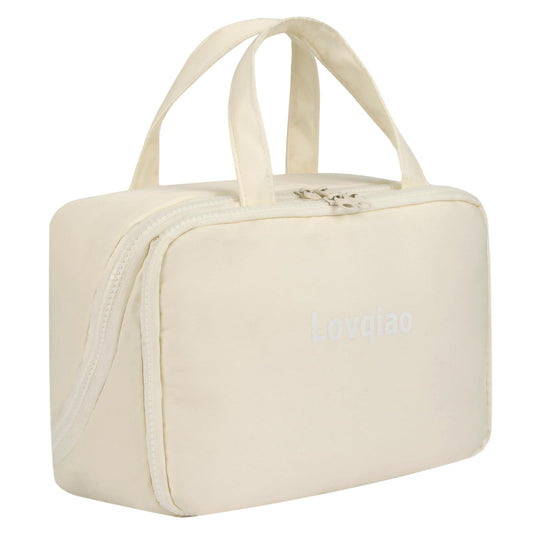 Lovqiao Large Beige Makeup Bag, Waterproof Travel Organizer for Women & Girls