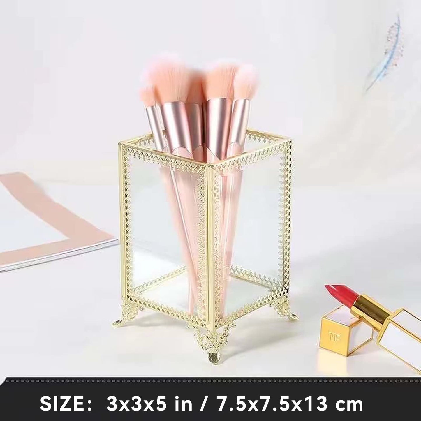 HKS Makeup Brush Holder Vintage Glass Handmade Organizer with Pink Pearls for Nail Brush, Vanity, Bathroom, Dresser, Countertop - Gold