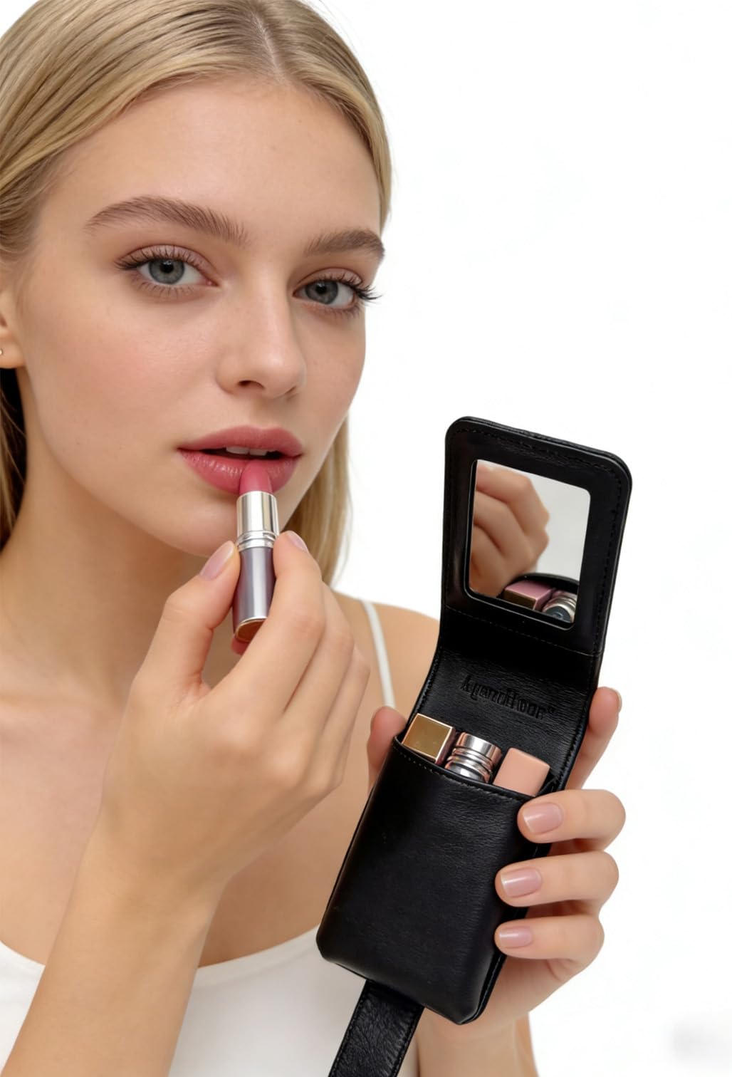 AgentMoon Handheld Lipstick Pouch with Mirror,Genuine Leather Lip Balm Case with Clamshell Magnetic Hidden Clasp and Hook for Chain.Portable Travel Cosmetic Case for Women Gift. (Dark Green Woven)