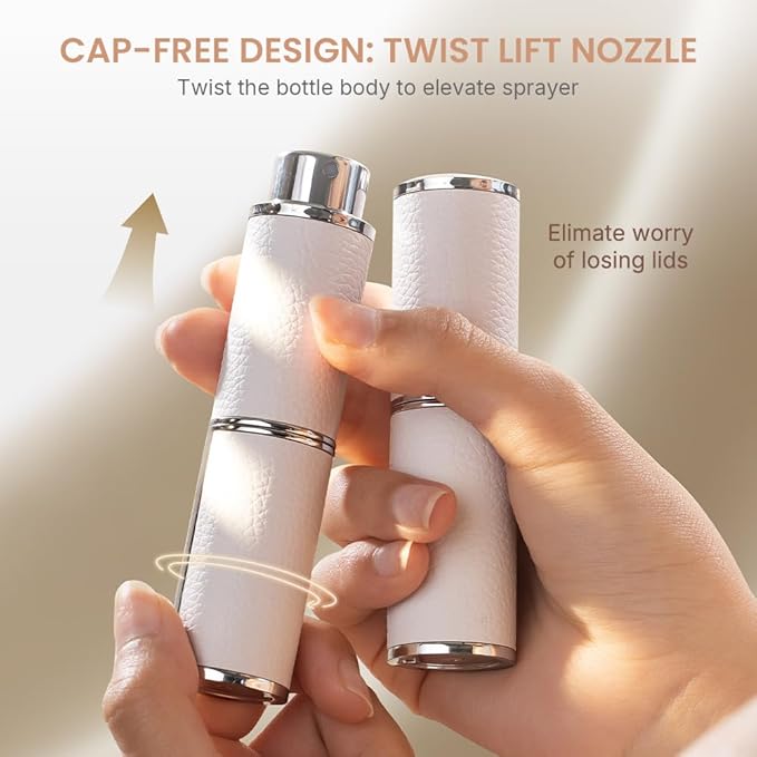 Perfume Atomizer, Rotary-Lift Nozzle, Cap-Free, Leather Refillable Spray Bottle, High-end Portable Dispenser, Travel Size TSA Approved 0.27oz/8 ml (White)