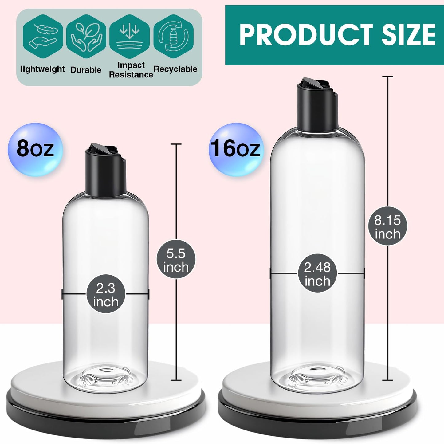 DPLASKA 6Pcs 8 oz Clear Plastic Refillable Travel Shampoo and Conditioner Bottles with Black Disc Top Caps，Squeeze Empty Bottles Cosmetic Containers for Lotions, Body Soap Cream