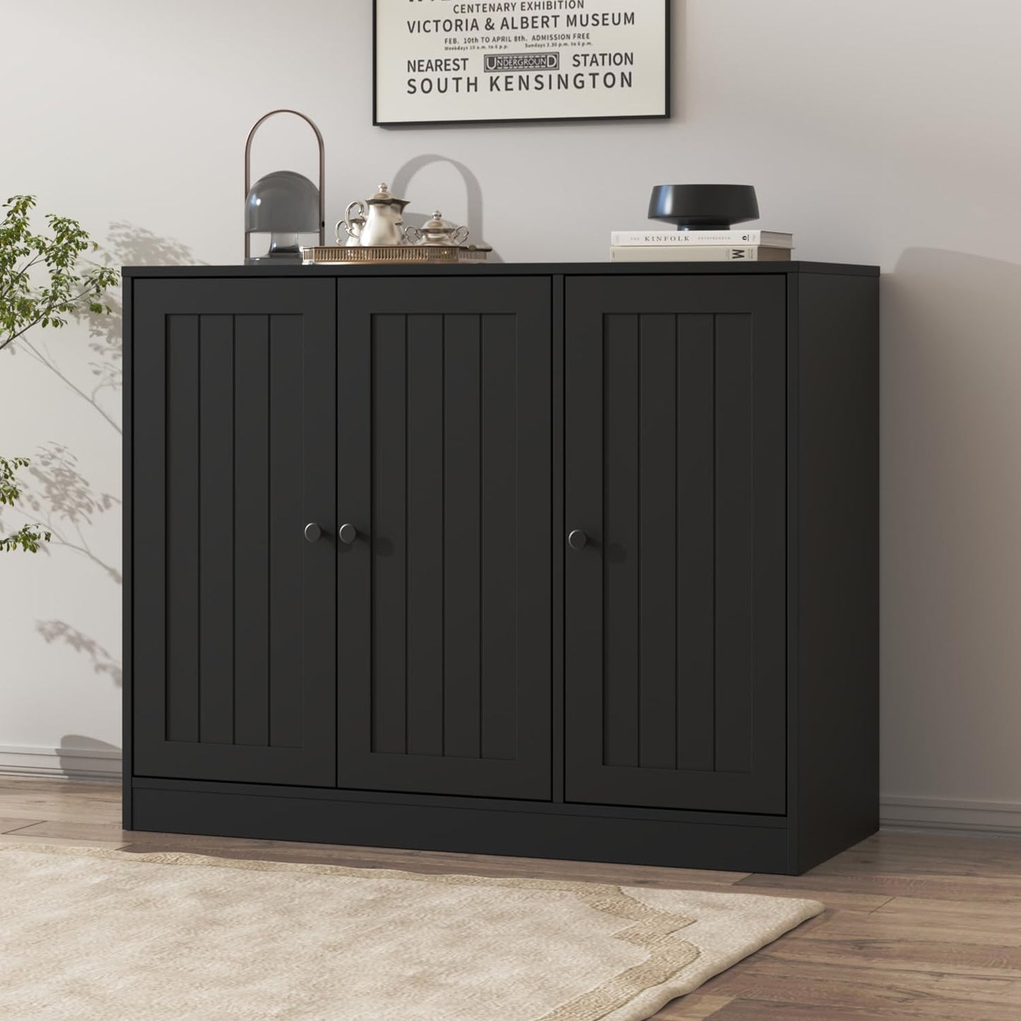 Furnify Buffet Cabinet with 3 Door, Kitchen Storage Cabinet with Adjustable Shelf, Coffee Bar Accent Cabinets for Living Room, Entryway, Black