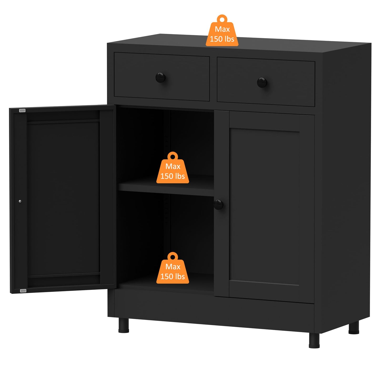 JINKUR Metal Storage Cabinet with 2 Drawers and Adjustable Shelf, Sideboard Buffet Cabinet for Home, Office, Hallway, Entryway, Living Room, Kitchen Pantry and Dining Room (Black)