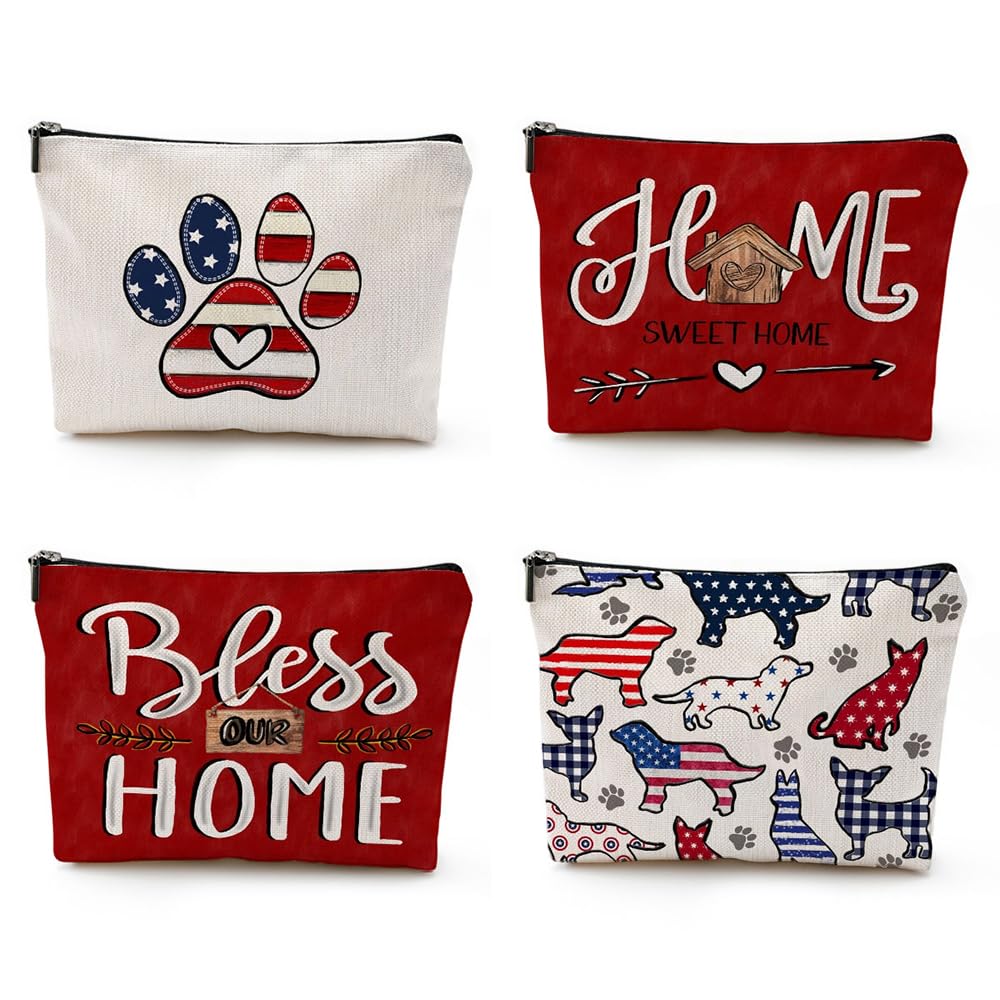 OEKYTOY 4 Pcs Patriotic Cosmetic Bags, 4th of July Makeup Bags Toiletry Pouch with Zipper Travel Cosmetic Organizer for Independence Day Gift Women Girls (4, B)