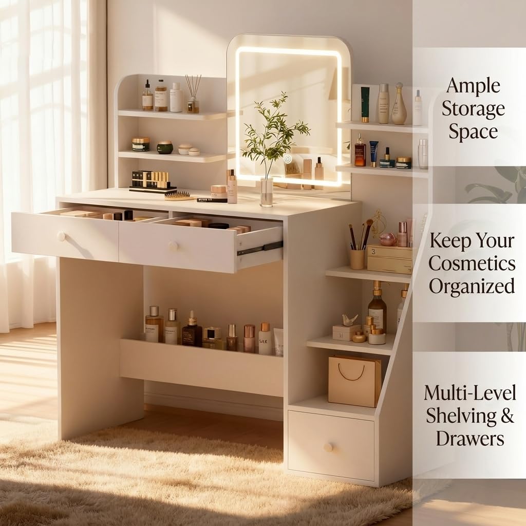 Oiroporz White Makeup Vanity Desk with LED Mirror & 5-Tier Sloped Shelves, 7 Open Storage Areas & 3 Drawers, Adjustable 3-Color Lighting Dressing Table