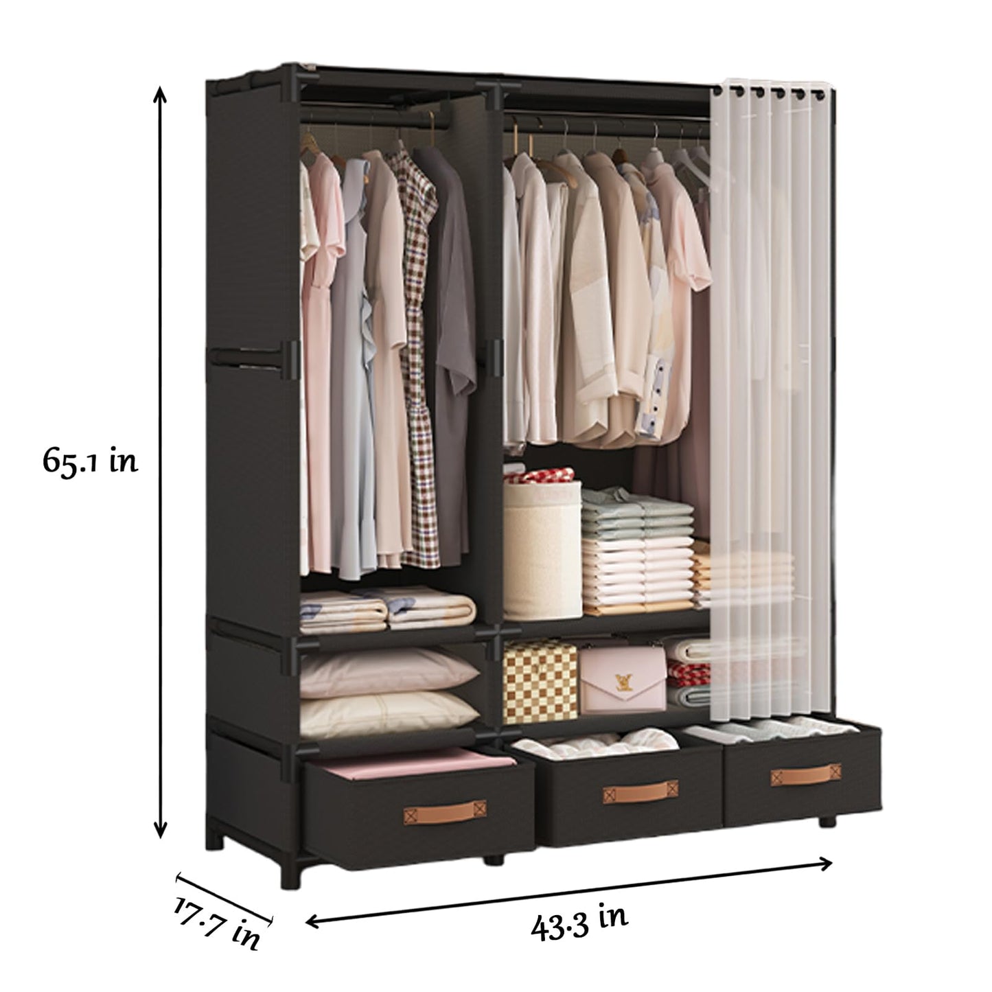 WEALTHYHEART Portable Closet for Hanging Clothes,Japanese Style Wardrobe Closet,Clothes Rack with 3 Drawers,1 Hanging Rods and 2 Storage Shelves,43.3" L x 17.7" W x 65.1" H,Black