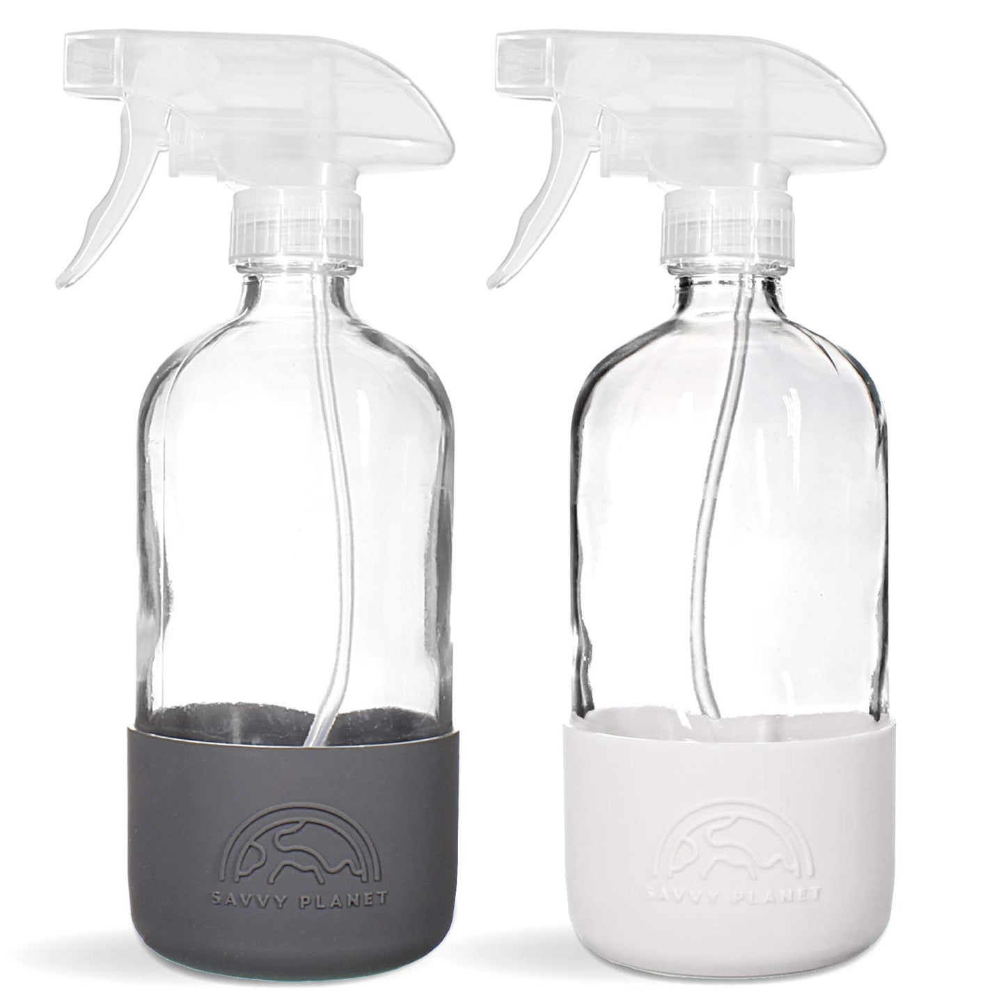 SAVVY PLANET - Glass Spray Bottles for Cleaning, Silicone Sleeve Bottom for Protection, Reusable Glass Spray Bottles 16 Oz With Adjustable Nozzle Settings (2 Pack)
