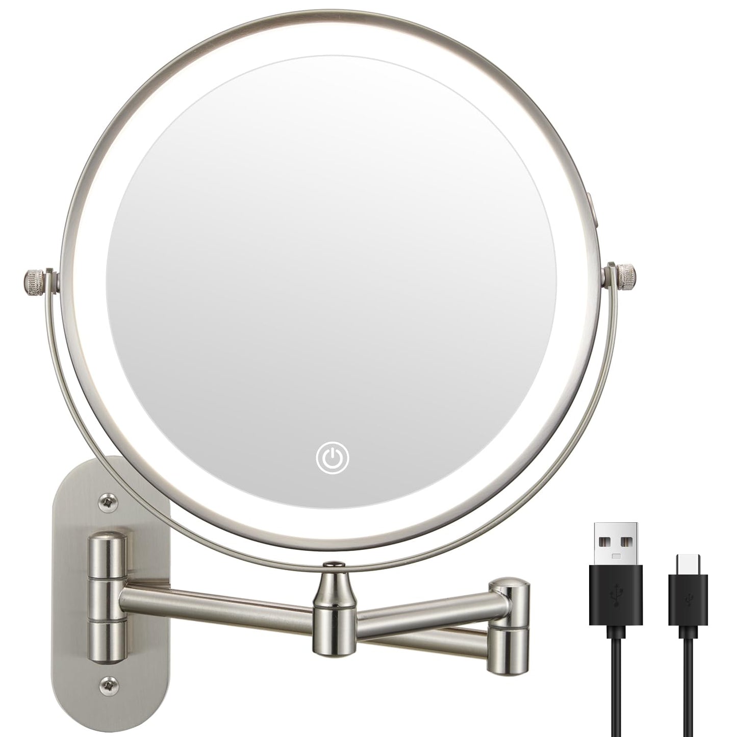 DECLUTTR 9" Wall Mounted Lighted Makeup Mirror, Rechargeable 1X/20X Magnifying Mirror with Light Double Sided, Touch Dimmable 3 Color Light, 360 Rotation Vanity Mirror