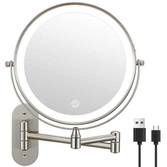 DECLUTTR 9" Wall Mounted Lighted Makeup Mirror, Rechargeable 1X/20X Magnifying Mirror with Light Double Sided, Touch Dimmable 3 Color Light, 360 Rotation Vanity Mirror