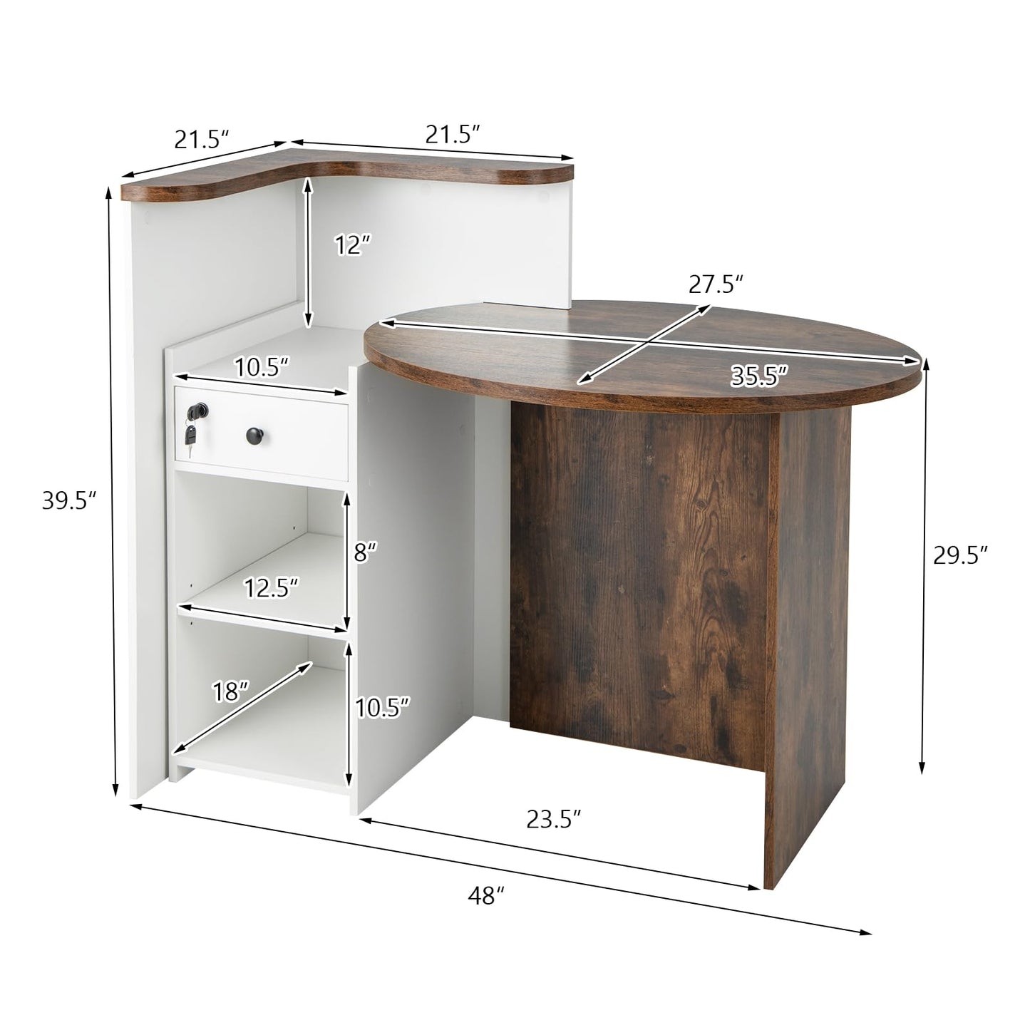 CHEFJOY Reception Desk, Retail Checkout Counter w/Lockable Drawer & Open Shelves, Computer Workstation, Small Front Desk Reception Counter for Company Lobby Store Salon Office (Rustic Brown & White)