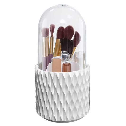 VORA Makeup Brush Holder, 360° Rotating Makeup Brush Organizer with 5 Slots, Clear Dustproof Makeup Brush Holder with Lid, Make Up Organizers for Vanity Bathroom Countertop