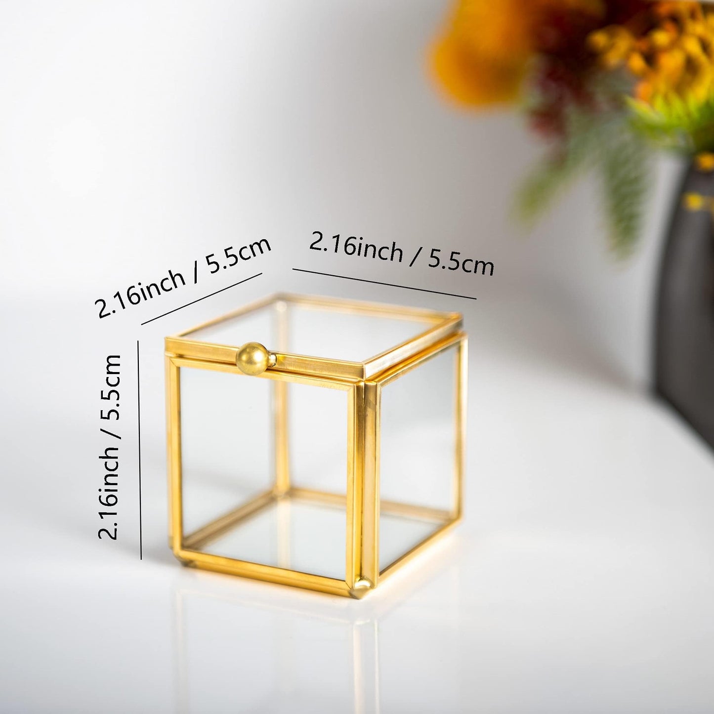 Feyarl Mini Glass Jewelry Trinket Box Ornate Small Ring Earring Display Box Treasure Chest Organizer Tiny Decorative Keepsake Case with Lid for Wedding Home Deco（2.16 x 2.16 x 2.16 Inch)