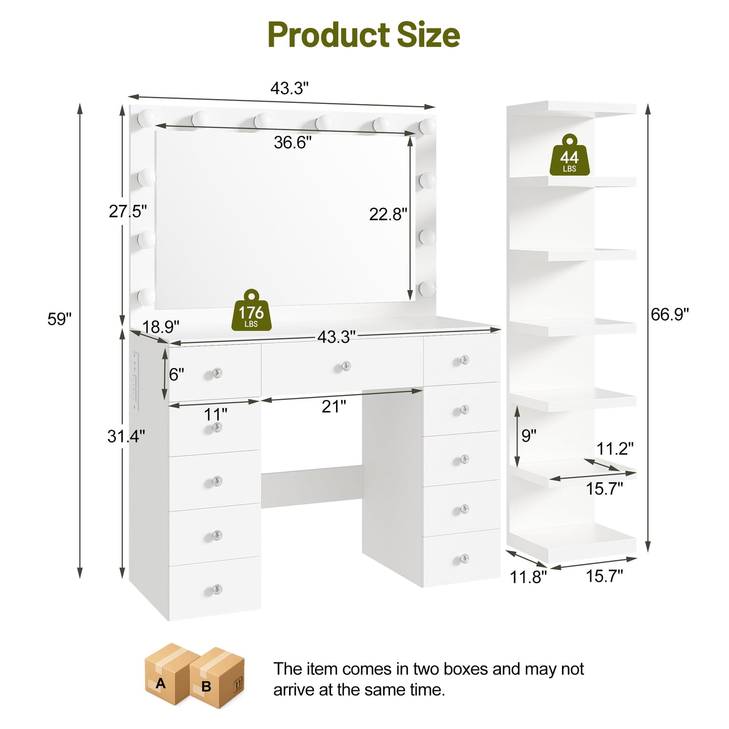 GDFStudio 43.3" Vanity Desk with 11 Bulbs & 7-Tier Storage Shelves, Makeup Vanity Table with Power Outlet, 11 Drawers, Adjustable 3-Color LED Lighting, Crystal Handles, Large White Dressing Table