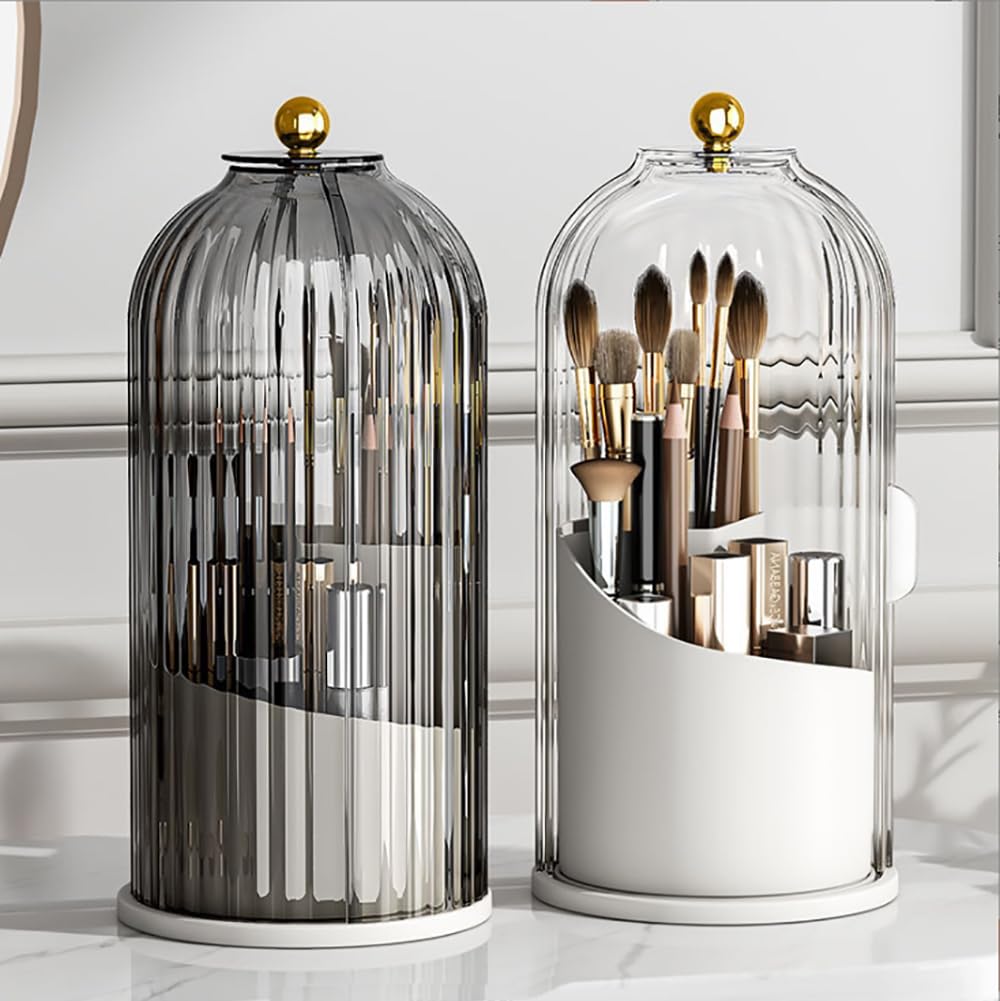 Makeup Brush Holder Organizer 360° Toothbrush storage rack,Beauty Brushes Storage, Makeup Brush Holder with Lid, Waterproof Dustproof Beauty Brushes Storage for Vanity (Grey-White)