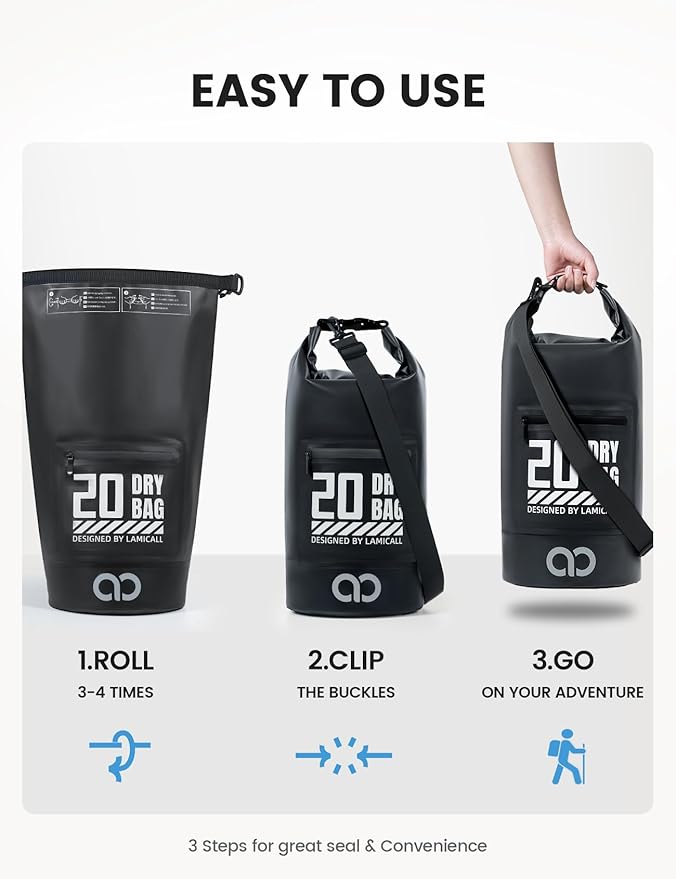 Lamicall Dry Bag, Waterproof Bag - [Durable & Floating] 5L/10L/20L/30L/40L Roll Top Drybag with Water Proof Phone Pouch for Travel Swimming Boating Kayaking Paddle Board Camping Beach Accessories