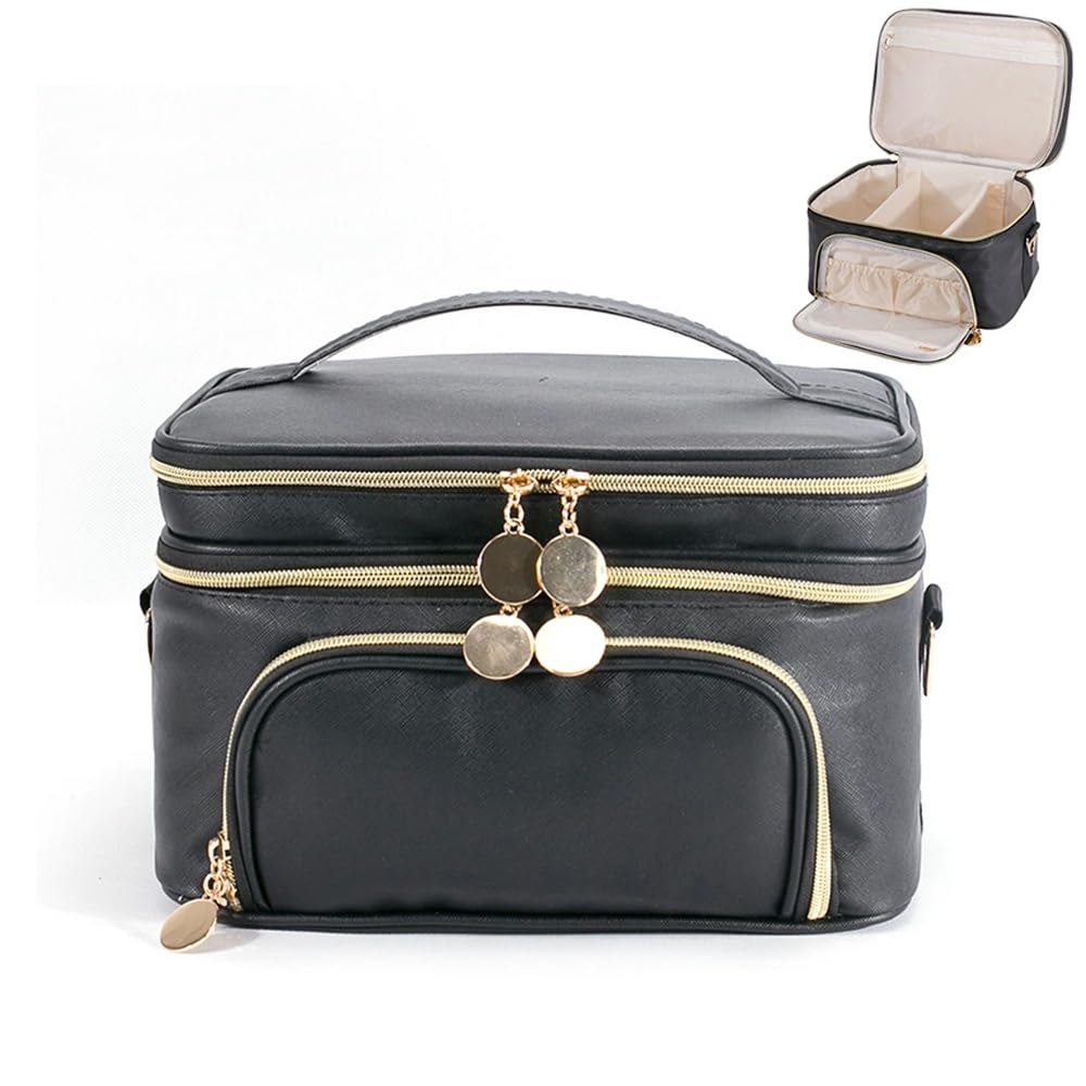 Mgiflw Extral Large Makeup Bag for Women,Double Layer Travel Cosmetic Organizer Case,Skin Care Essentials Toiletries Bags with Shoulder Strap Waterproof Brush Storage with Removable Dividers
