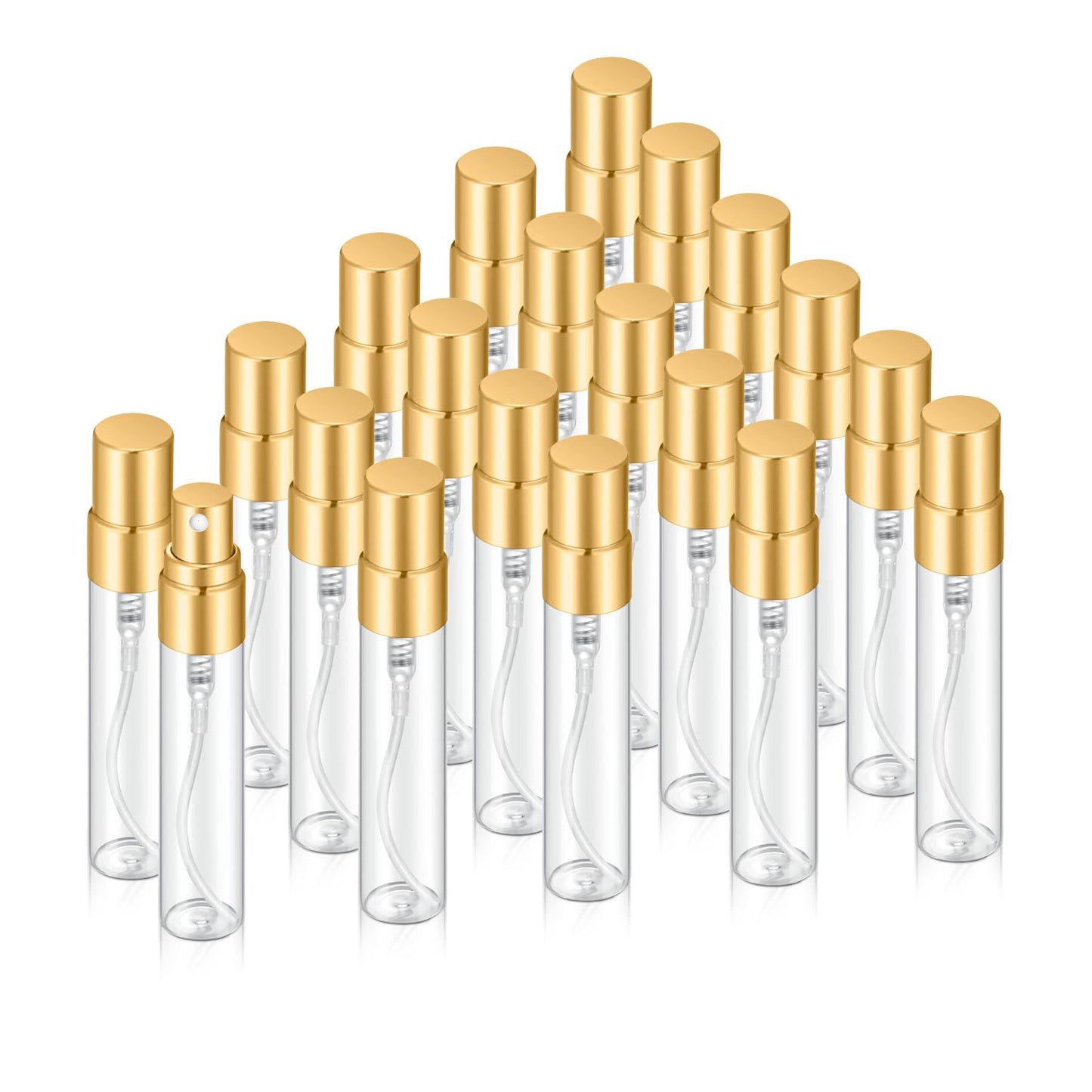 Jxcmeng 20Pcs 5ml Empty Clear Glass Mist Spray Bottle Refillable Mini Perfume Atomizer Travel Sample Bottle with Golden Aluminized Nozzle Makeup Container for Perfume (5ml Gold Caps)