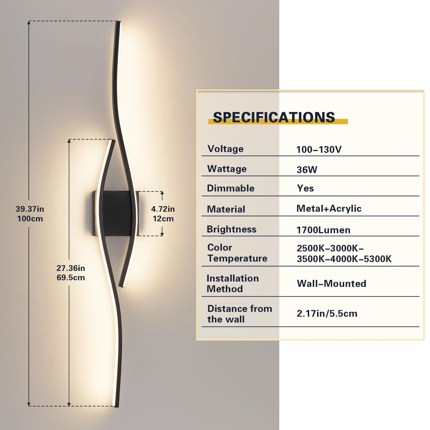 Joossnwell Bathroom Light Fixture Over Mirror 39.37 Inch Vanity Lights Bar for Bathroom Dimmable 5CCT Modern Vanity Light Black Led Bath Light Wall Lamp