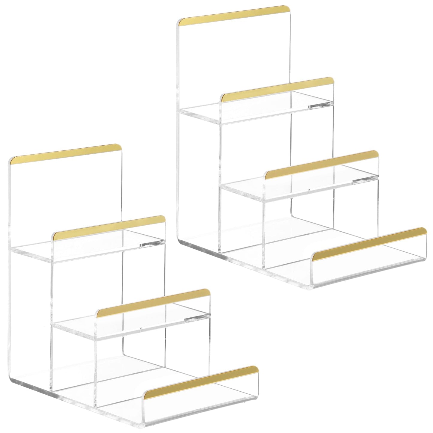 2 Pcs Purse Display Stands, Clear 3-tier Acrylic Wallet Risers with Golden Edge, Space-saving Handbag Display Shelves, Countertop Organizer Racks for Clutches, Perfume, Accessories