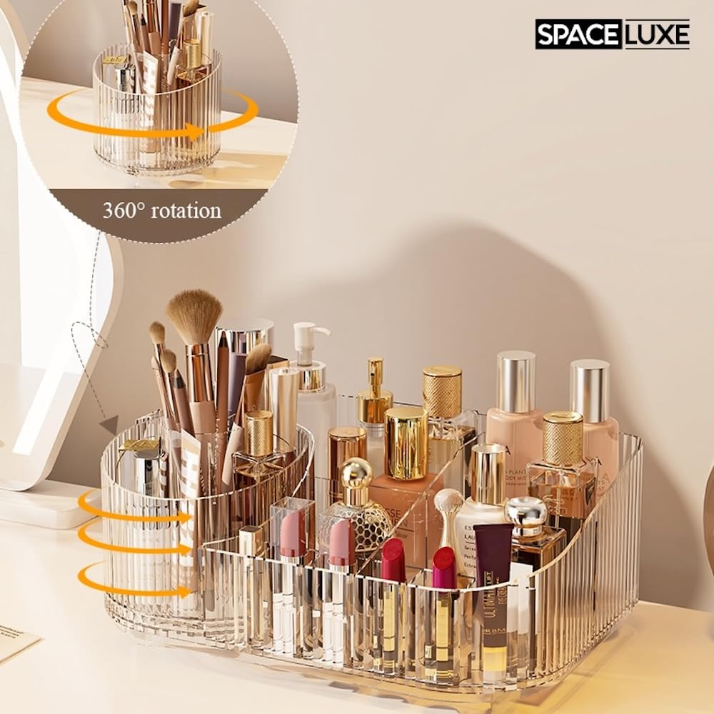 SpaceLuxe Makeup Organizer with Drawers and 360° Rotating Brush Holder, Large Capacity Cosmetic Storage for Vanity, Skincare, Perfume, Hair Accessories, Lipstick & Jewelry (Cream White, 2-layer)