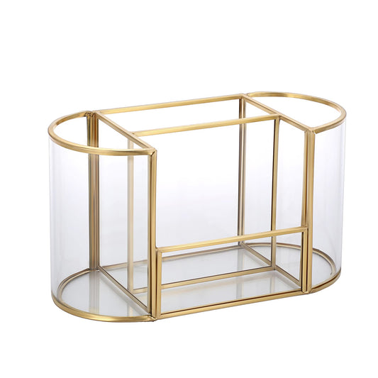 Hipiwe Gold Makeup Brush Holder 4 Slots Glass Cosmetics Brush Organizer Remote Control Holder Pen Holder Vintage Vanity Storage Holder for Brushes Comb Eyeliner fit Dresser Bathroom Office