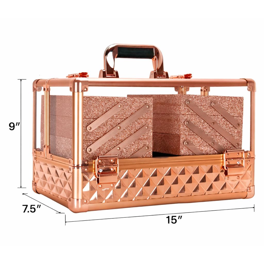 Ver Beauty Rose Gold Diamond Makeup Train Case with 6 Accordion Trays Lockable Cosmetic Organizer with Spacious Interior & Clear Acrylic Top