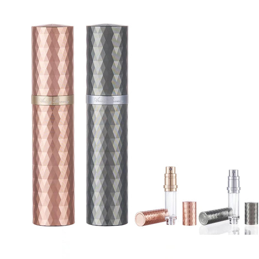 AricizBeauty Travel Refillable Perfume Atomizer 0.17fl.oz/5ml. Cologne Pocket Recyclable Portable Sprayer Bottle. Mini Scent Pump Case Dispenser Perfume Container (ROSE+GREY)