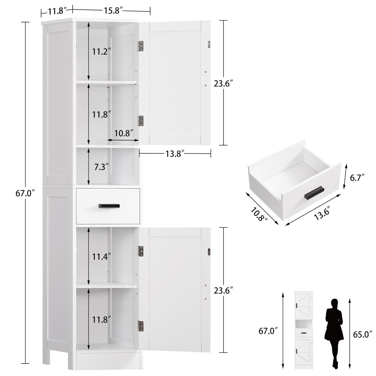 TEENFON 67" H Bathroom Storage Cabinet with Barn Doors & Adjustable Shelves, Bathroom Cabinet with Drawer, Narrow Bathroom Storage Unit, Floor Cabinets for Living Room, Kitchen, White