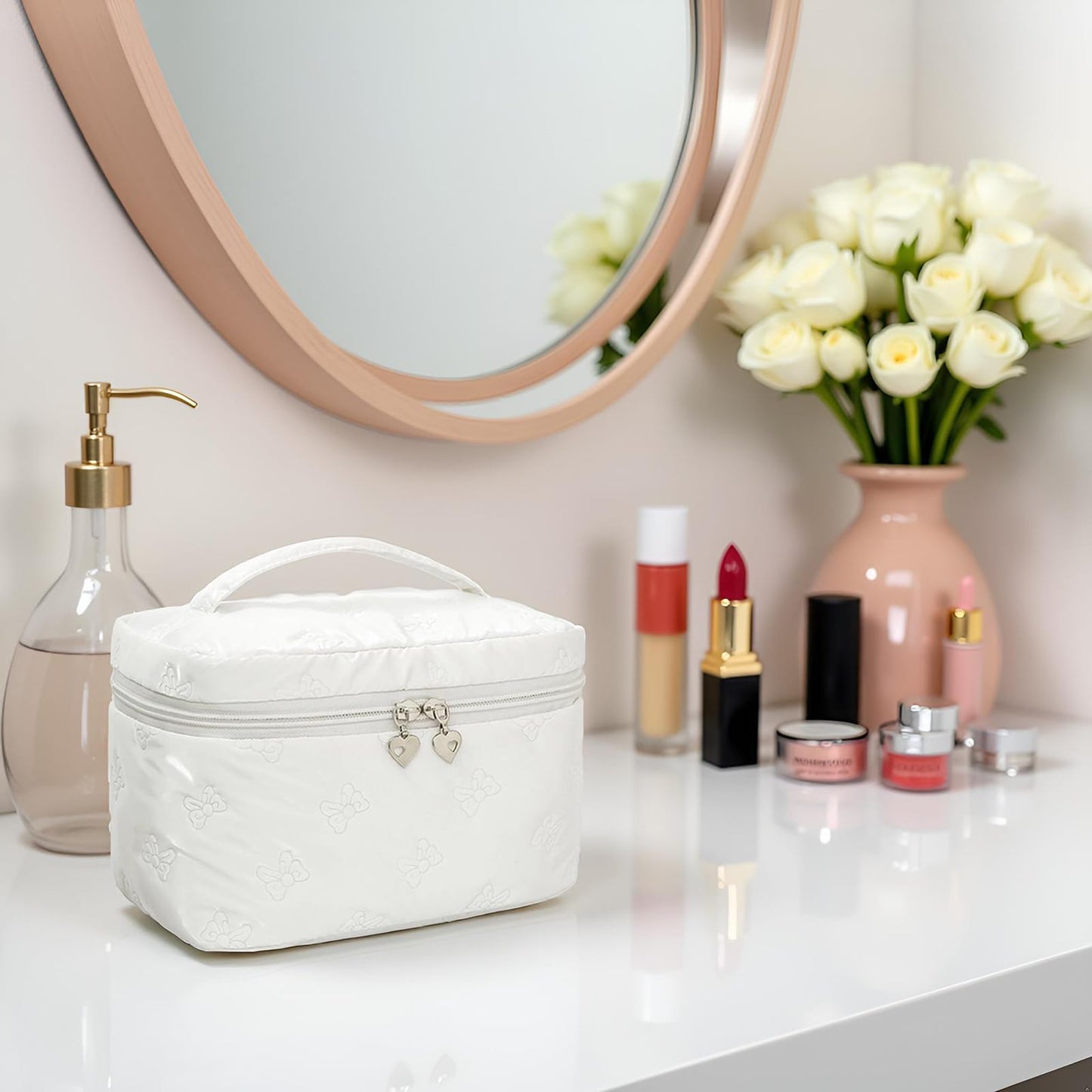 Alamealle 3PCS Large Cosmetic Bags Travel Makeup Bag Set with Mesh Pocket Portable Cute Toiletry Bag Aesthetic Make Up Organizer with Handle for Women (03 White 3PCS)