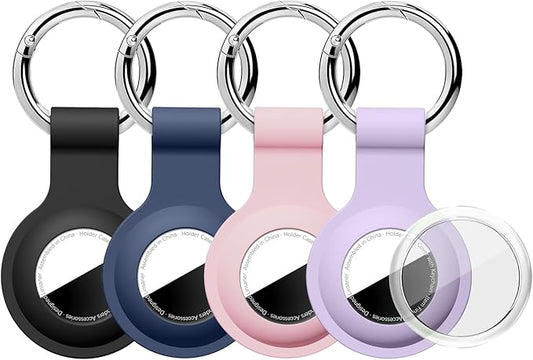 Upgraded for AirTag Holder with Clean Cover Full Coverage Case Keychain for Air Tag, Silicone for AirTags 4 Pack for Apple Holder GPS Tracker Item Tag Finders, Black/Blue/Pink/Purple