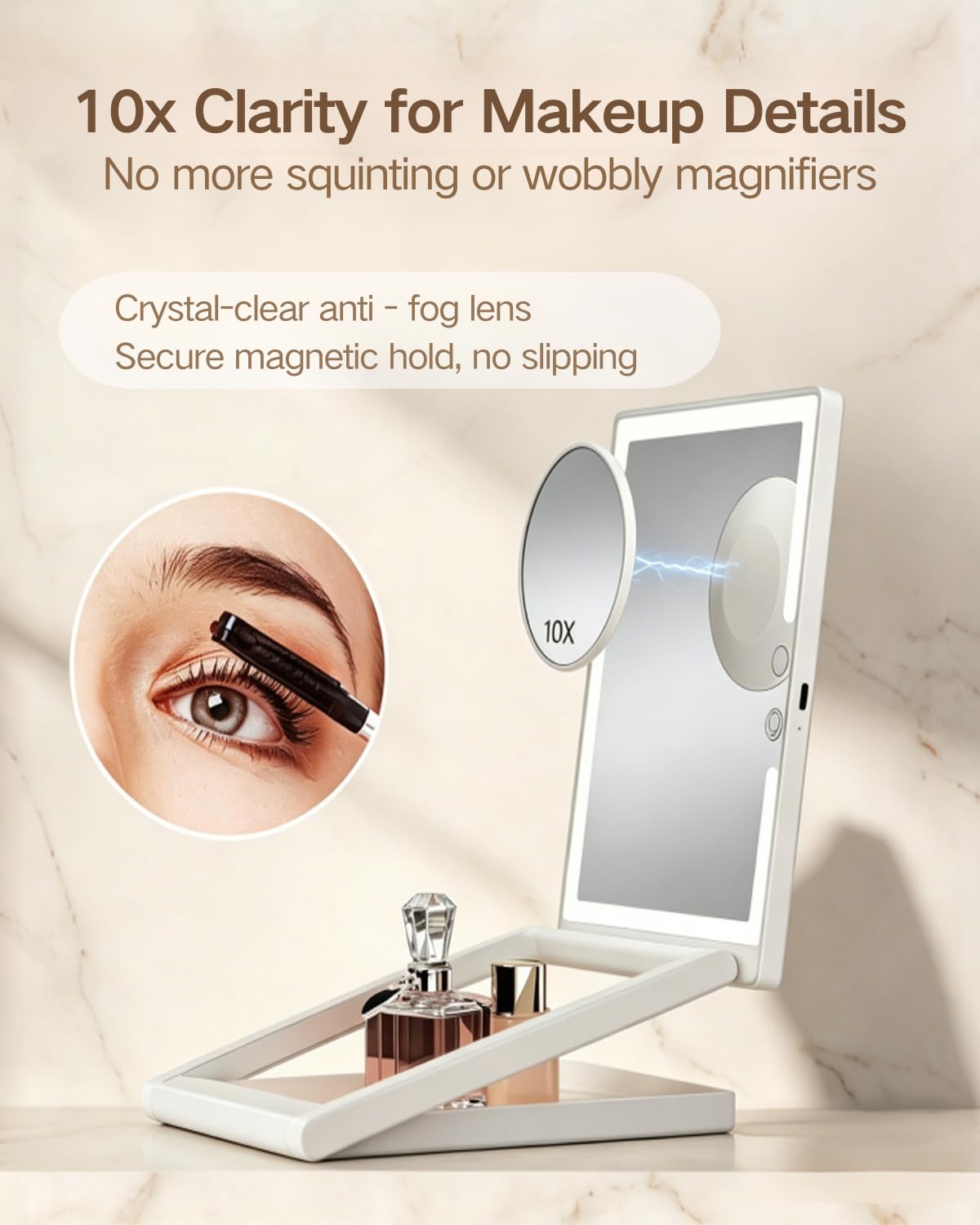 TOLOYE Makeup Mirror with Lights and Magnification 10X, Foldable Rechargeable Travel Led Makeup Mirror with Adjustable Stand, 3 Color Lights Stepless Dimming, Gifts for Women Wife Mom