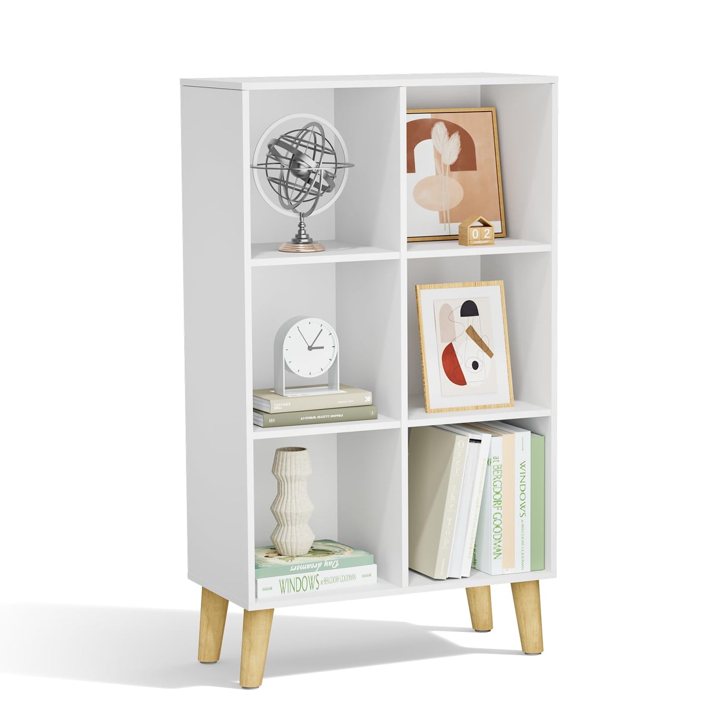 VAFHYLLIS 6 Cube Storage Organizer with Legs, 3 Tier Cube Low Bookcase Freestanding Storage Display Organizer for Home Office, Three-Cubes Open Shelf Short Bookshelf (White, 6 Cube Vertical)
